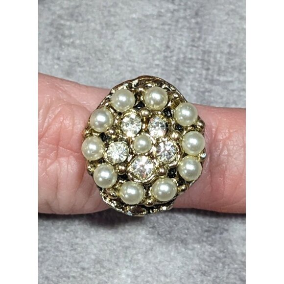 Vintage Glam Gold Tone Rhinestone Seed Pearl Adjustable Ring Size 6 - Picture 3 of 9